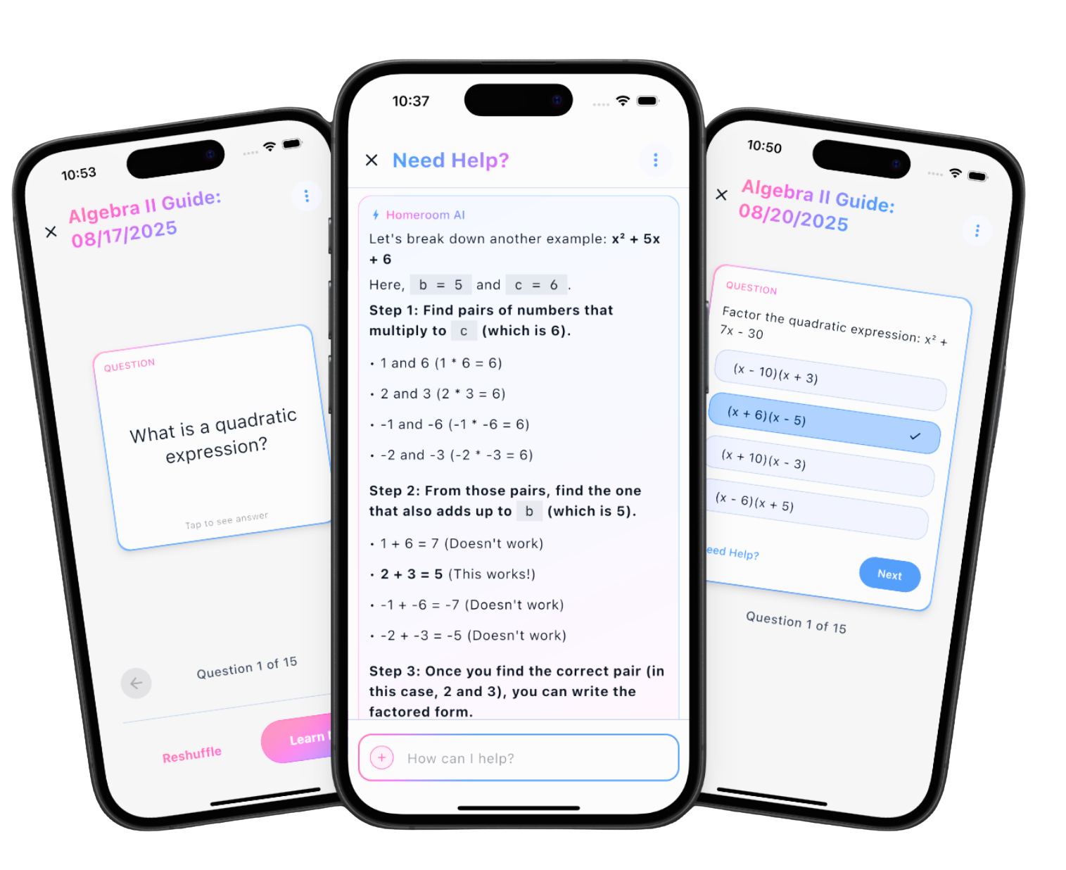 Homeroom AI Features - Multiple choice questions, AI tutoring, and flashcards