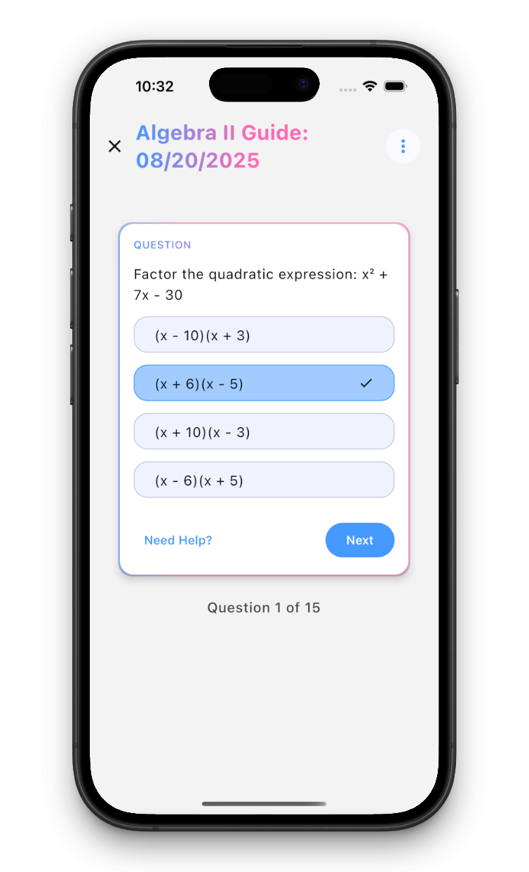 AI-generated multiple choice questions with Need Help option